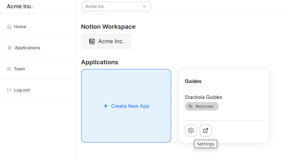 Stackoia dashboard applications hover over application settings